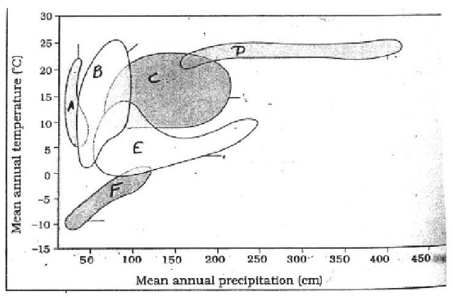 Biomes A to F plotted against mean annual temperature and precipitation