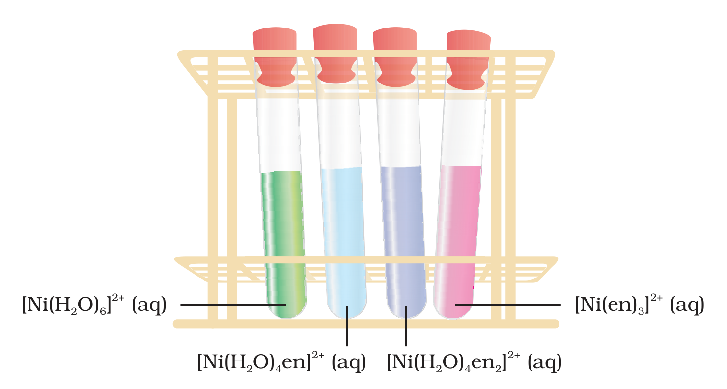 Test tubes of nickel(II) complexes with an increasing number of en ligands