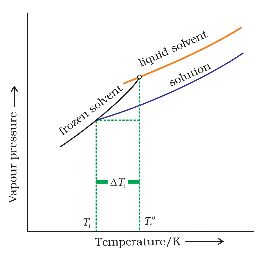 Vapour pressure curves of liquid solvent, frozen solvent and solution