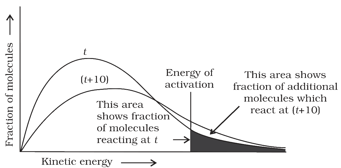 Distribution curves at t and (t+10) with the energy of activation marked