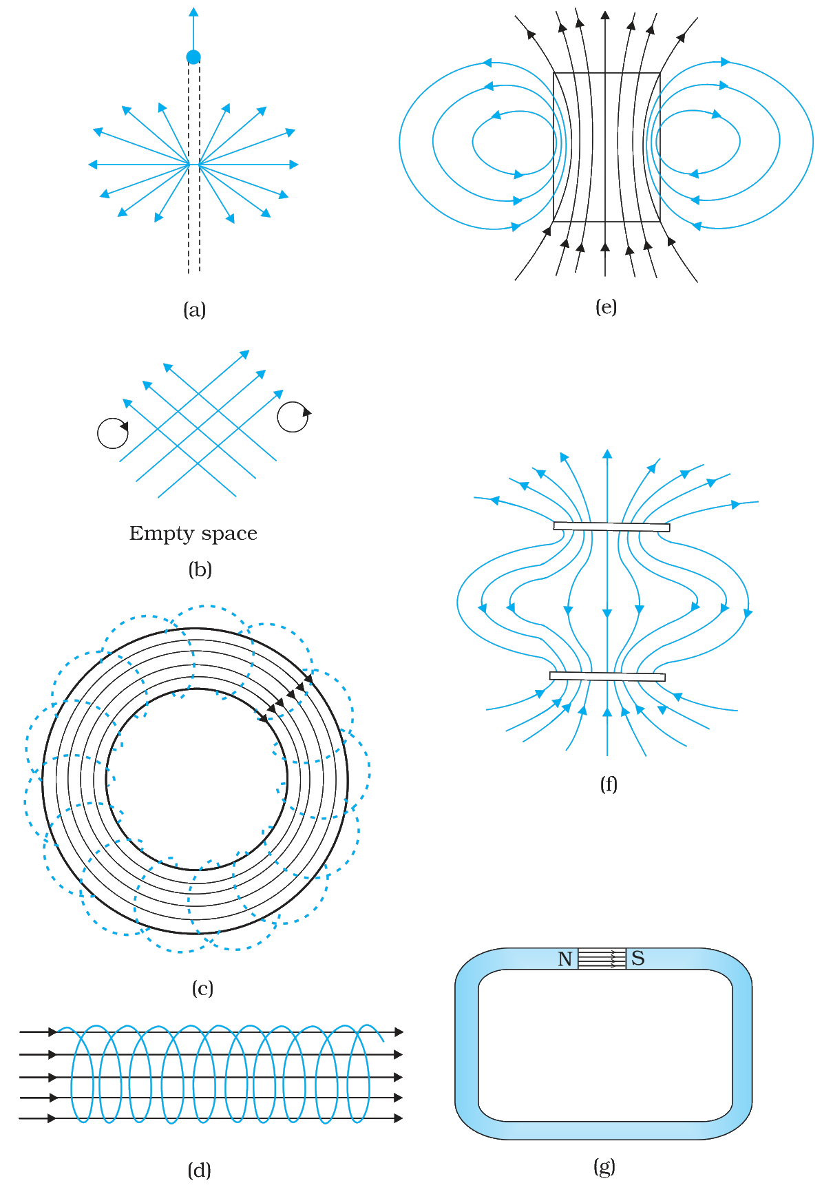 Field lines in seven cases (a) to (g)